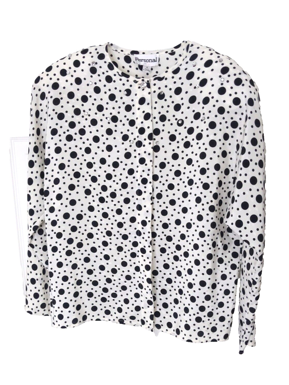 Women's Long Sleeve Blouse 8 White Black Polka Dots  Rhinestone